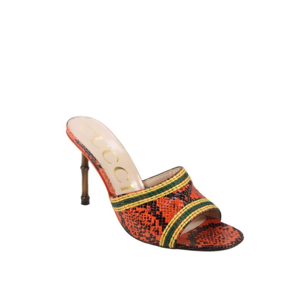 Gucci Womens Stiletto Snakeskin Printed Slide Sandals Orange Leather Size 39